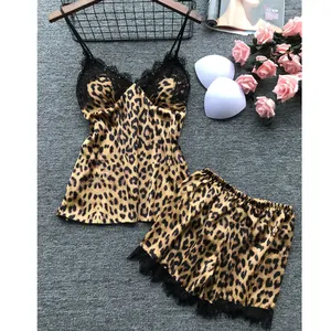 HSZ 555 primavera e l'estate di seta bretelle pantaloncini pigiama con protezioni per il petto del merletto del leopardo sexy delle donne degli indumenti da notte all'ingrosso