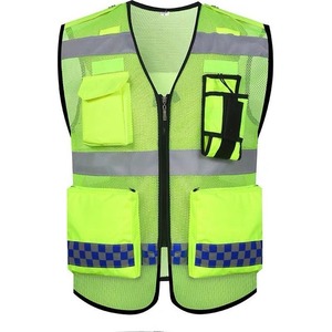 Chaleco de Seguridad Reflectante Verde Fluorescente con Cierre Frontal de Malla y Múltiples Bolsillos para Control de Tráfico, Unisex, Uso Otoñal - Product Image 1