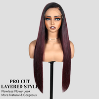 Perruques sans colle T1B/99J en cheveux humains, perruque à dentelle frontale avec coupe professionnelle en couches, raie libre et couleur bordeaux vibrante