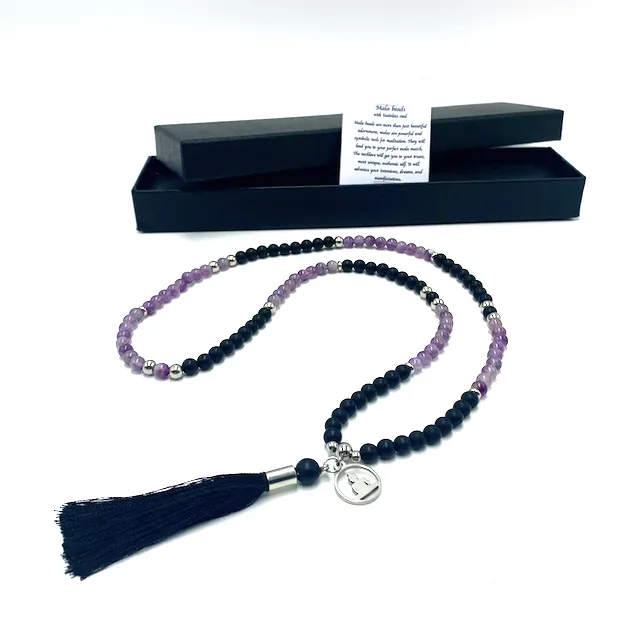 Collana Dei Monili di Magia Mala Onyx 6 Millimetri Branelli Della Pietra Preziosa Collana Con Accessori In Acciaio Inox