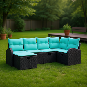 Black And Turquoise Poly Rattan Garden <b>Sofa</b> <b>Set</b> With Cushions Outdoor Furniture Contemporary Design - Product Image 2