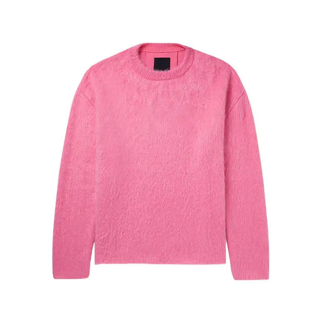 2023 custom men fashion designer brand pink long sleeve fuzzy knitted sweater winter knitted mohair pullover sweater