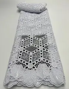 2024 última tela de encaje francés africano blanco bordado Nigeria guipur tela de encaje de tul con cuentas para fiesta