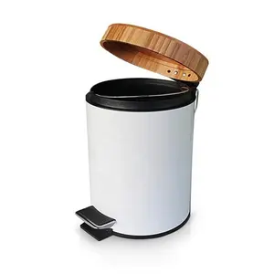 Бамбуковая мусорная корзина 3 л для ванной, мусорная корзина с педалью, металлическая мусорная корзина с деревянной крышкой