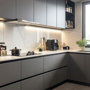 Meubles de cuisine modulaires écologiques à deux niveaux avec finition en marbre et stratifié verre, robinet de cuisine complet - Product Image 2