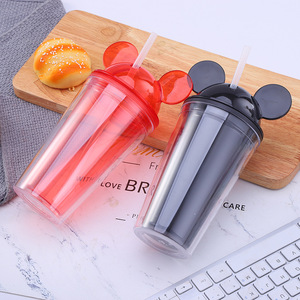 Zhen Ai Mickey Mouse Double Wall Plastic Straw Cup Bpa Free Portable Drinkware For Children Gift Water Bottle - Product Image 4