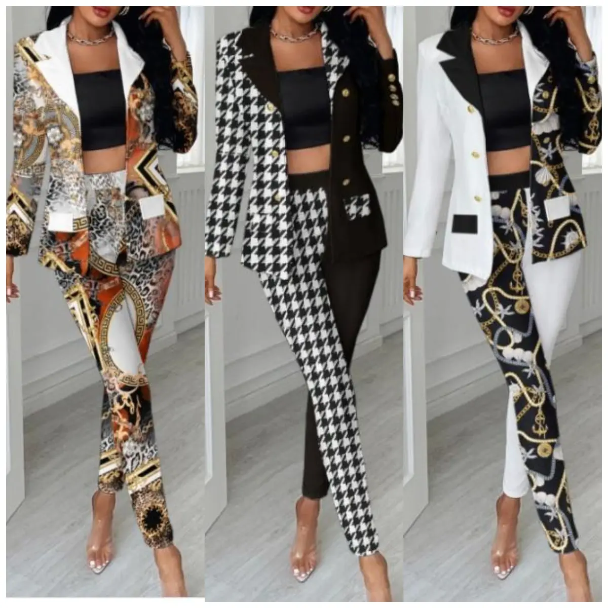 Enyen Fashion Clothes New Arrivals Chain Printed Blazers Set Ladies Women Elegant Business Two Piece Sets For Woman female