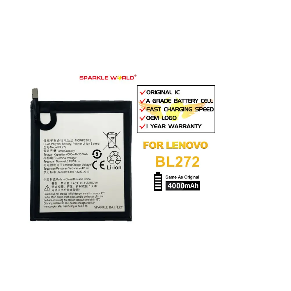 Smartphone Li-ion replacement zero cycle 4000mAh battery BL272 For Lenovo K6 POWER