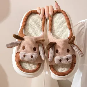 Sandal wanita bentuk hewan sapi lucu, sandal kartun bentuk hewan sapi, sol tebal lembut dalam dan luar ruangan, Sandal Linen musim panas wanita