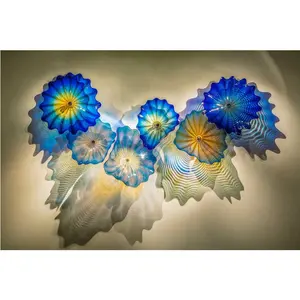 शीर्ष डिजाइन नीले कला फूल हाथ से बने मुरानो ग्लास थाली दीवार प्रकाश दीवार मस्तक का नेतृत्व किया