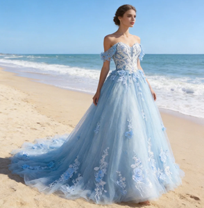 <span class=keywords><strong>Robe</strong></span> de Quinceañera bleu ciel magique avec <span class=keywords><strong>jupon</strong></span>, épaules dénudées, appliques florales, en <span class=keywords><strong>tulle</strong></span>, coupe princesse, traîne chapelle - Product Image 3