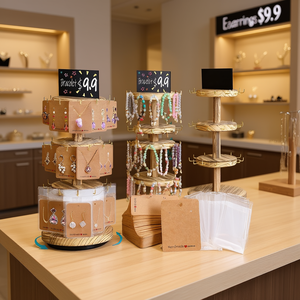 Expositor giratorio de madera para joyería con 360 grados de rotación, 36 ganchos, 50 tarjetas para pendientes, 50 bolsas autosellables para pendientes, pulseras y accesorios. - Product Image 2