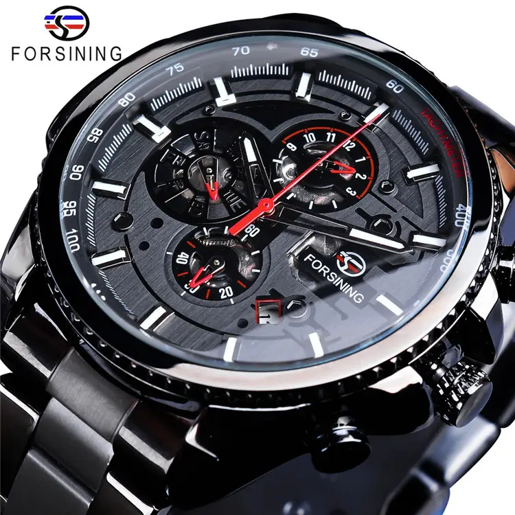 Forsining Three Dial Calendar Display Black Stainless Steel Men Automatic Wrist Watch Top Brand Luxury Sport Male Clock