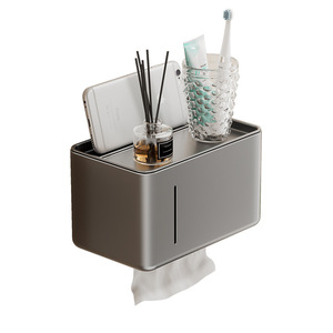 Portarrollos de papel higiénico rectangular para montar en la pared, color gris, duradero, con bandeja para almacenamiento. - Product Image 5