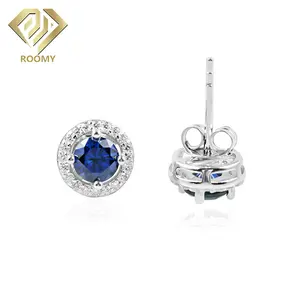 Nwe Jewelry Findings Blue Lab Sapphire Stud Earrings 925 Silver 18K Gold Plated Korean Earrings Women