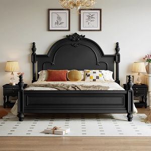 Cama Retro Negra de Madera Maciza de 1.8M, Tamaño King, con Almacenamiento, Estilo Vintage Francés, Muebles de Dormitorio - Product Image 3