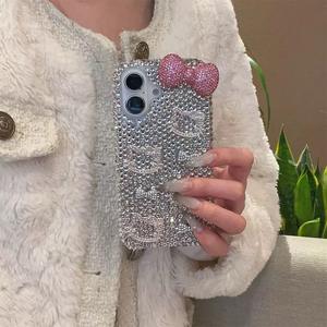 Nueva funda de teléfono móvil de lujo con diamantes de imitación y bonito lazo de gato para iPhone 17 Air 16 13 14 12 Pro Max 15 Plus DIY cubierta brillante de diamante completo - Product Image 6