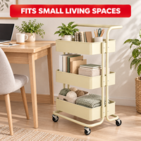 Chariot utilitaire roulant en métal à 3 niveaux, chariot de rangement mobile robuste avec poignée ergonomique et roulettes verrouillables pour la maison et le bureau