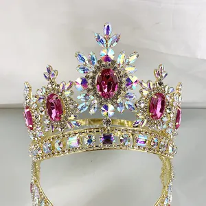 Königin Braut Kopfschmuck Krone AB Farbe Kristall Strass Große Schönheit Goldene Krone für Festzug