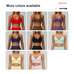 맞춤형 원단 스타일 색상 로고 빠른 건조 얇은 스트랩 딥 V 스포츠 브라 여성용 체육관 러닝 피트니스 스포츠 탑 - Product Image 3