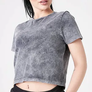 Großhandel Seiden druck Rundhals ausschnitt Branded Neck Tape Baumwolle Damen Acid Wash kurz geschnittenes T-Shirt für Frauen