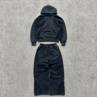 Ensemble survêtement homme streetwear hiver respirant en coton noir 100% délavé à l'acide, avec broderie étoile et ourlets bruts