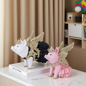 Figuras de animales bonitos de Redeco, escultura de cerdo de resina pintada en negro, figurita de cerdo volador rosa, adorno para regalos, decoración del hogar - Product Image 5