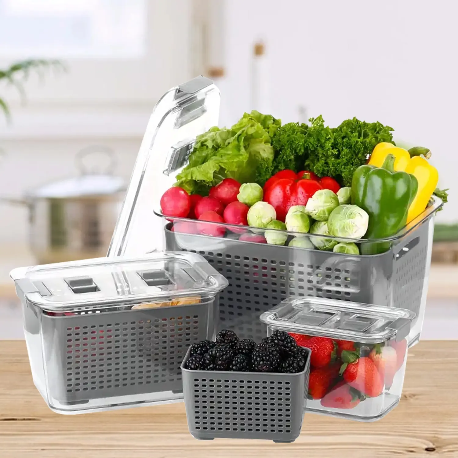 Multifunctional Refrigerator Preservation Box With Lid, Food Storage Vegetable And Fruit Container, Drainage Basket