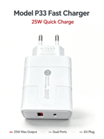 Adaptor Charger 25W Model P33 dengan Port Tipe-C dan USB untuk Ponsel