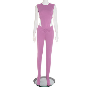 ชุดบอดี้สูทแขนกุดลายฉลุด้านข้างสำหรับผู้หญิงและกางเกงรัดรูป ชุดแฟชั่น 2 ชิ้น - Product Image 5