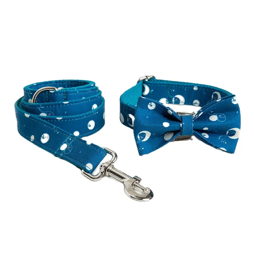 wholesale white polka-dot deep blue cotton print designer pet dog bow tie collar and leash set