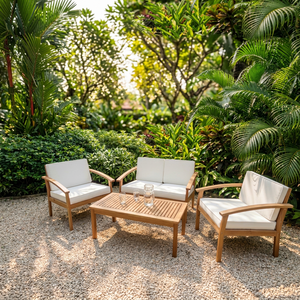 Ensemble de canapés d'extérieur contemporains en bois avec coussins blancs pour mobilier de jardin et de terrasse - Product Image 1