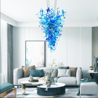 Lustre moderne en verre de Murano soufflé à la main, grand modèle, avec éclairage LED, bleu, pour escalier, maison, hôtel