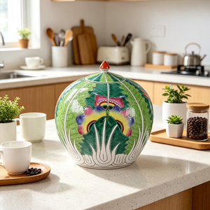 Pot en céramique émaillé peint à la main avec couvercle, motif <span class=keywords><strong>chou</strong></span> bok choy, H24cm D24cm 1300 ℃   Décoration de cuisine et rangement de style Chinoiserie rustique, cuite à haute température - Product Image 2
