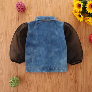 2022 Spring Autumn Fashion Infant Kids Outwear Ripped Denim Single Breasted Puff Mesh Lantern Sleeve Lapel Coats Girls Jacket - Product Image 3