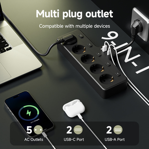EU Standard Fast Charging Power Strip 2USB+2C 5 AC Outlets and 10A Power Plug Socket <strong>Extension</strong> <strong>Lead</strong> 2 <strong>USB</strong> a Output Ports - Product Image 3