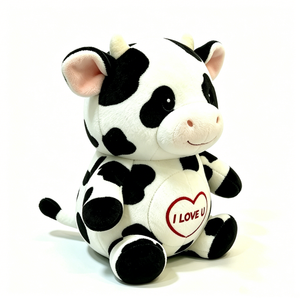 Customized cute chubby cow plush gift with red <b>heart</b> embroidery, adorable <b>black</b> and white spotted cow plush - Product Image 4