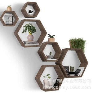 Cross-border wooden <b>wall</b>-<b>mounted</b> hexagonal grid storage rack for home living room background minimalist decorative <b>shelf</b> - Product Image 1