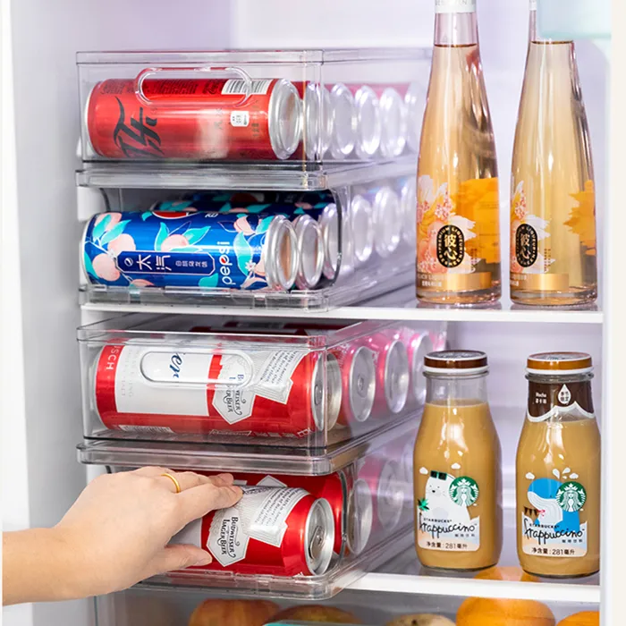 घरेलू रसोई रेफ्रिजरेटर बीयर सोडा पेय भंडारण रैक स्वत: भरने कर सकते हैं प्लास्टिक पारदर्शी भंडारण बॉक्स