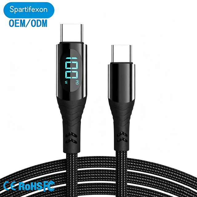 100W USB-C Nylon Cable with Power Display Fast Charging for iPhone 15 iPad MacBook Type-c Charger Cable