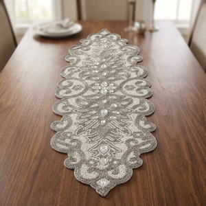 Classic Embroidered Polyester Table <b>Runner</b> Floral Pattern Beaded Design <b>Washable</b> Home Decor - Product Image 2