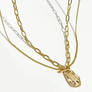 Kalung Koin Bulat Tidak Beraturan Dipalu Berlapis Toggle Clasp Klip Kertas Rantai Disc Kalung Wanita Lingkaran Perhiasan Bagus Antik