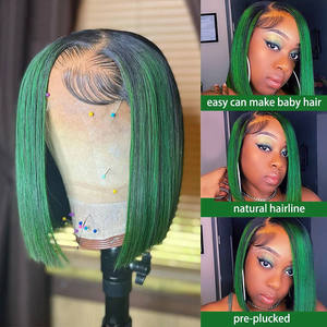 Perruque <span class=keywords><strong>Courte</strong></span> Bob Droite Colorée avec Dentelle HD, Noire et Vert Foncé, Cheveux Humains Non Traités, Perruque Bob <span class=keywords><strong>Courte</strong></span> Sans Colle avec Dentelle Frontale - Product Image 2