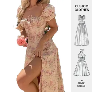 2024 new arrivals lady stylish cotton long puff sleeve a-line floral maxi casual dress summer woman clothing