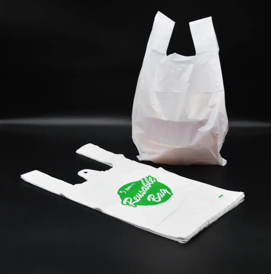 Bolsa de embalaje de camiseta de plástico con asa de chaleco de compras de supermercado de embalaje de alimentos reutilizable