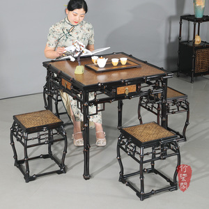 Lacquered Bamboo Square Tea Table <b>Set</b> With Drawer And Stools For <b>Restaurant</b> Use - Product Image 1