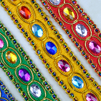 Acrylique Gemme Tricoté Polyester Dentelle Tissu Vêtements À La Main Diamant Cristal Ruban 3cm Perlé Costume De Danse Folklorique Ttrimming