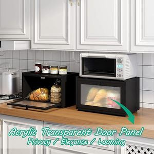 Caja de pan grande, rectangular, negra, para almacenamiento en la cocina, con puerta de vidrio y tapa de bambú. - Product Image 2