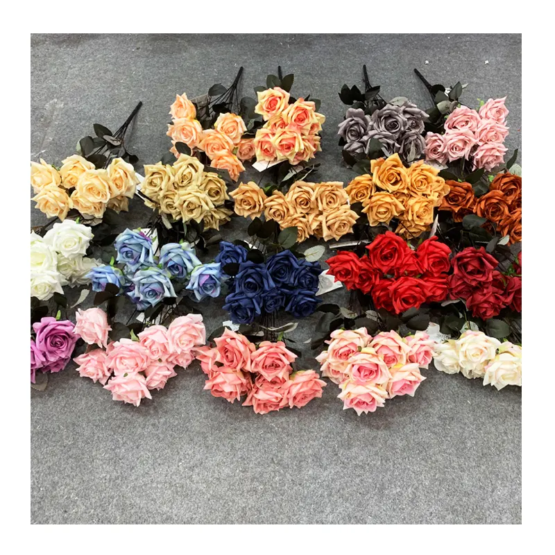 F142 Custom silk flowers rose bunch faux rose bushes 9 head artificial wedding de fleurs decorative rose flower bouquet