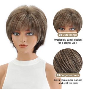 Parrucche Corte HD in Sette Colori con Frangia, Marrone Scuro Misto Biondo per Donne, Fibra Sintetica Liscia Senza Pizzo, Personalizzabile - Product Image 3